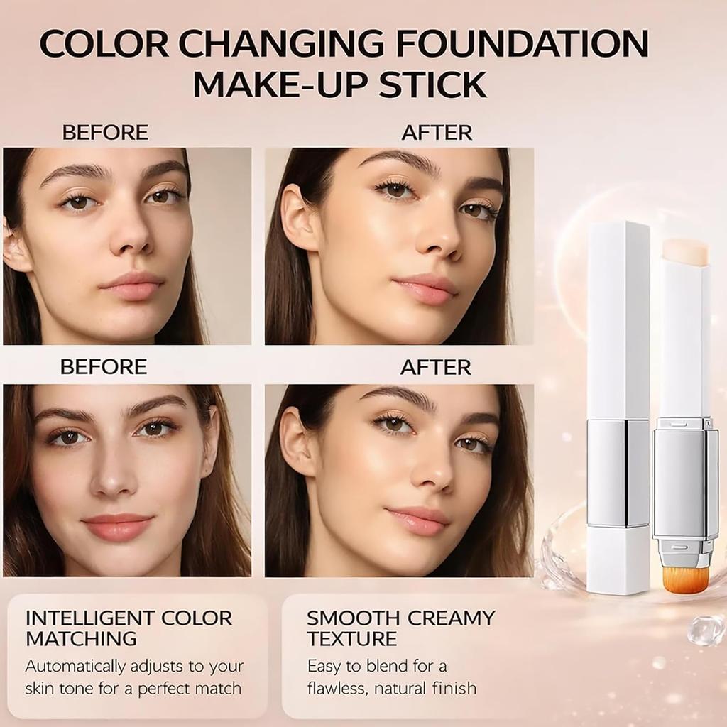 Color-Changing Foundation Stick, Dual-Ended Korean Skin Care Foundation Stick, Detachable Brush, Full To Medium Coverage Base Hydrating Makeup Portabl
