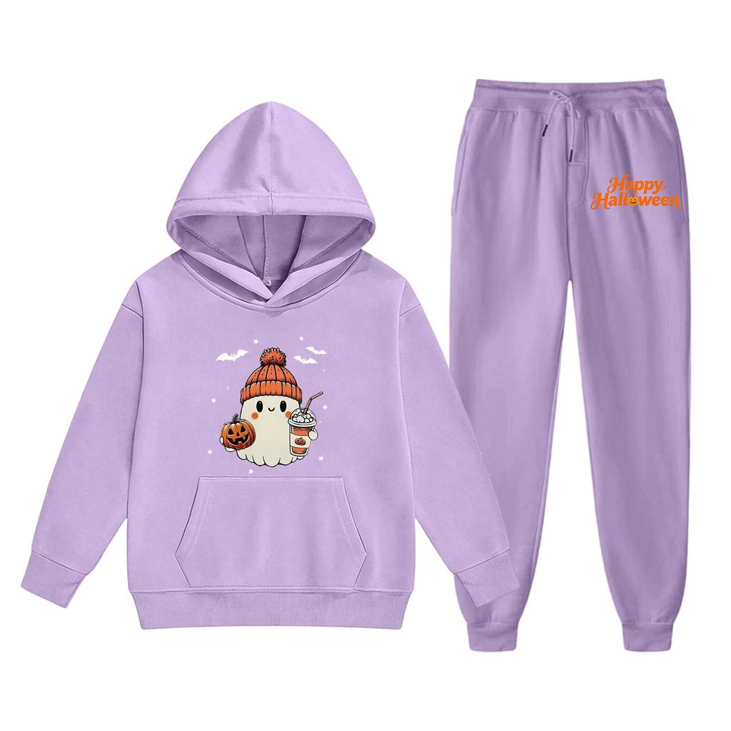 Kids Halloween Hoodie Set with Graphic Print Pullover Sweatshirt and Matching Pants Comfortable Casual Outfit for Boys and Girls
