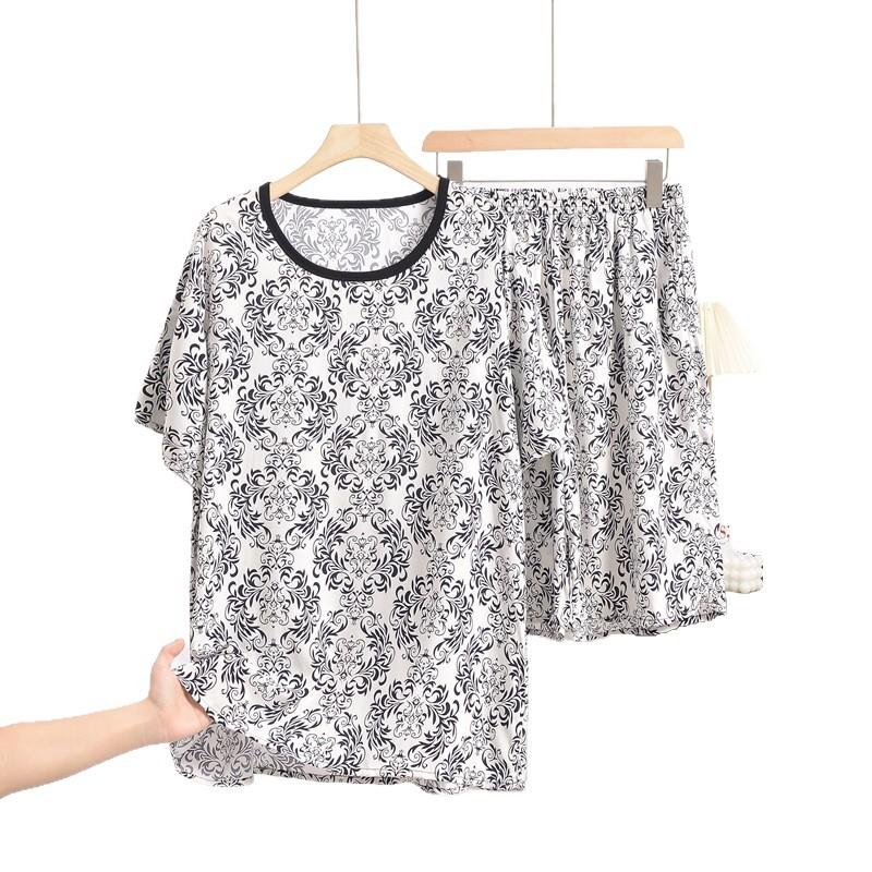 Summer Men's Cotton and Silk Pajamas, Short-sleeved, Large-sized Loose Casual Printed Home Wear, Can Be Worn As An Outer Suit