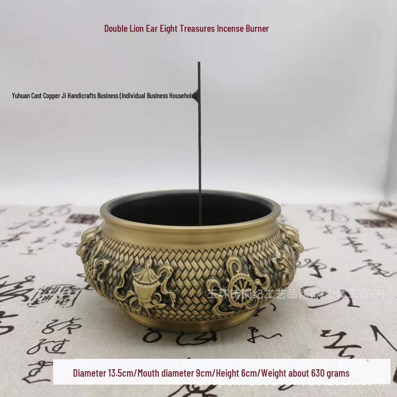 Double Lion Ear Eight Treasures Brass Incense Burner - Auspicious Xuande Furnace Design