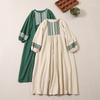 Ele Embroidered Cotton Lin Long Sve Dr Loose Fit A-Line Silhouette Maxi Skirt for Autumn Season Women's Faion