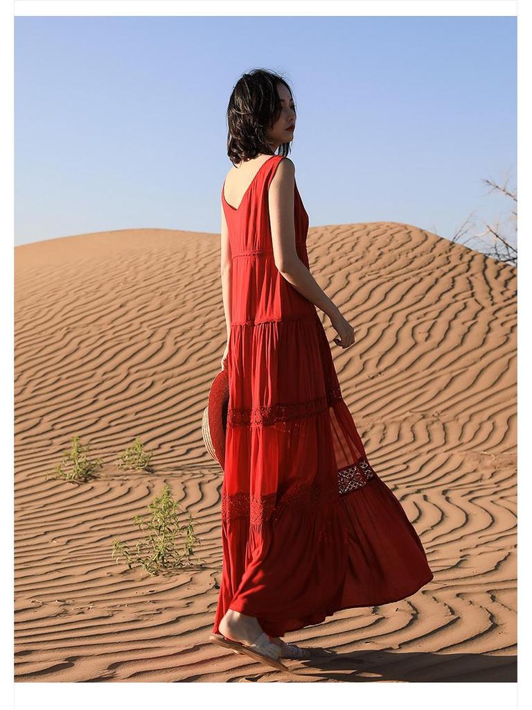 Women's V-Neck Red Dress for Travel and Vacation: Beach, Desert, and Grassland Style (F2105)