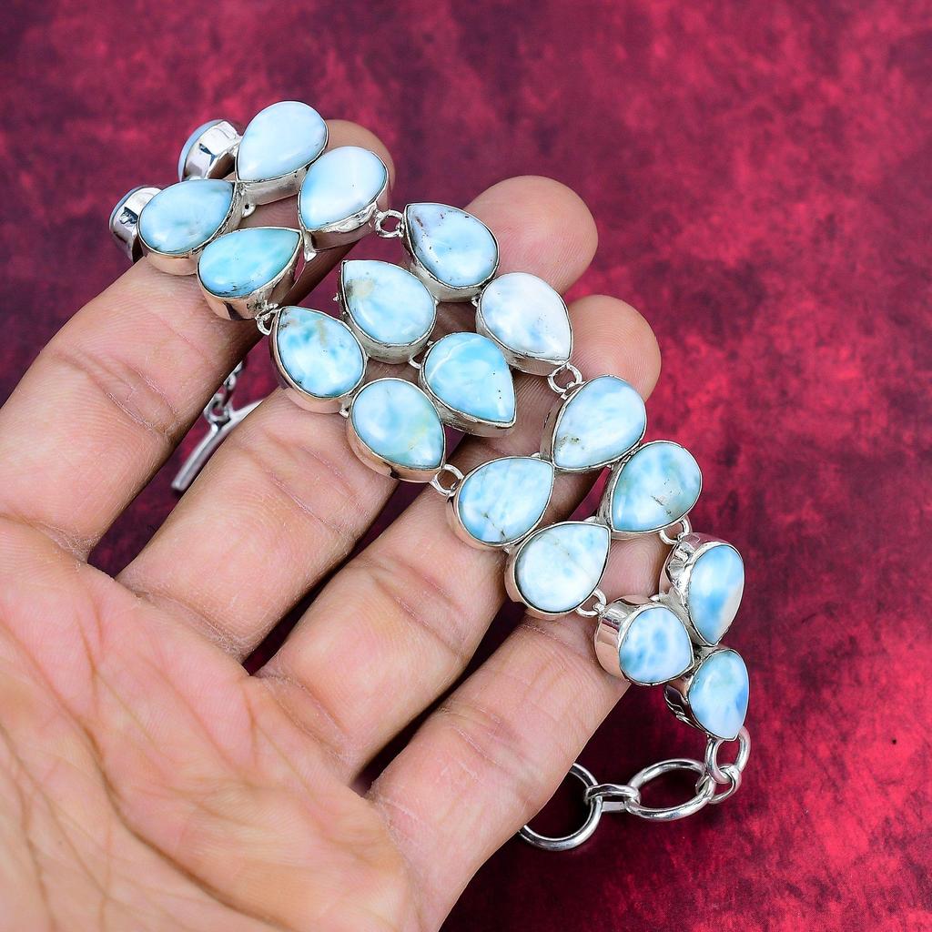 Larimar 925 Solid Sterling Silver Bracelet with Adjustable Chain, Handmade Gemstone Jewelry Bracelet For Memorial Day