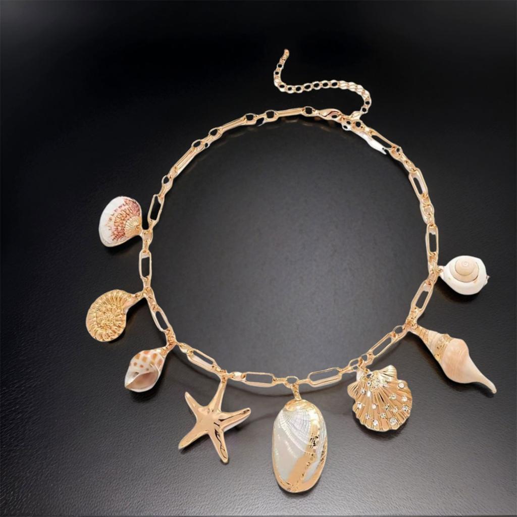 Colar Dourado Conchas e Estrela do Mar Estilo Oceano Colar Feminino - Coleção Elegante Oceano, Hipoalergênico e Anti-desbotamento