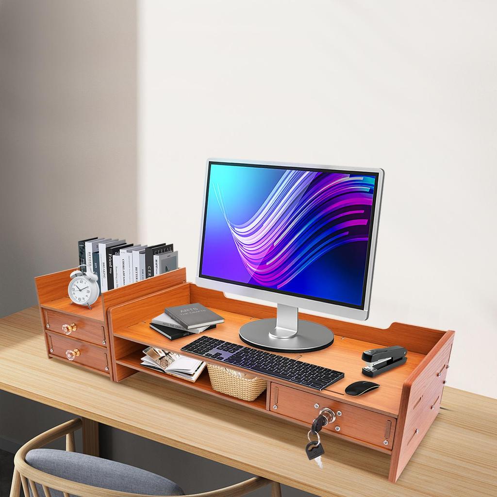 Wooden Monitor Stand with 3 Drawers, Lockable Drawer, Desk Riser Computer Monitor Stand for Office Home PC Laptop