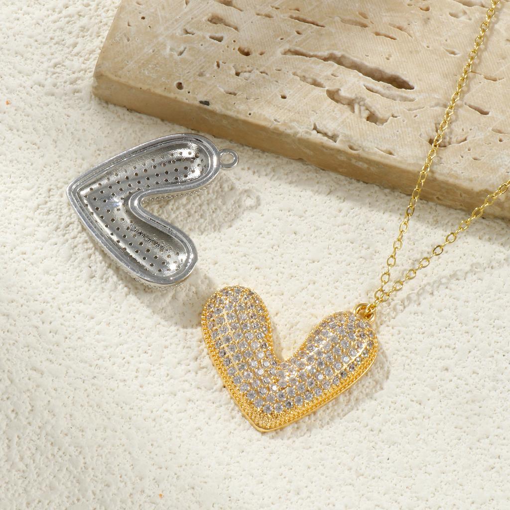 1 Piece Brass Valentine's Day Charms Gold Plated Heart Micro Pave Clear Cubic Zirconia Pendants For DIY Necklace 29.5mm X 27mm