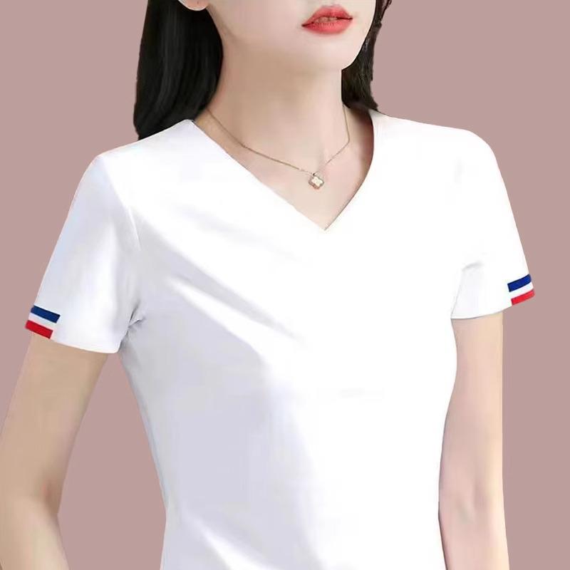 Women's 2025 Summer V-Neck Cotton White Short-Sleeve T-Shirt - High-End, Stylish, Hot-Selling Top
