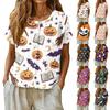 Women's Fashion Henley Neck Single Breasted Shirt Halloween Themed Print Short Sleeve Casual Top for Daily Wear