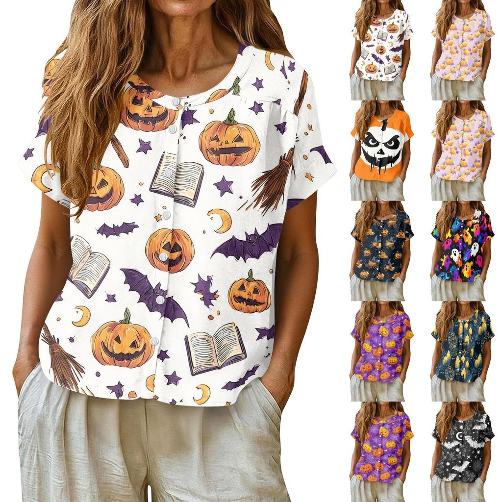 Women's Fashion Henley Neck Single Breasted Shirt Halloween Themed Print Short Sleeve Casual Top for Daily Wear