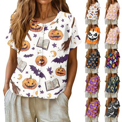 Women's Fashion Henley Neck Single Breasted Shirt Halloween Themed Print Short Sleeve Casual Top for Daily Wear