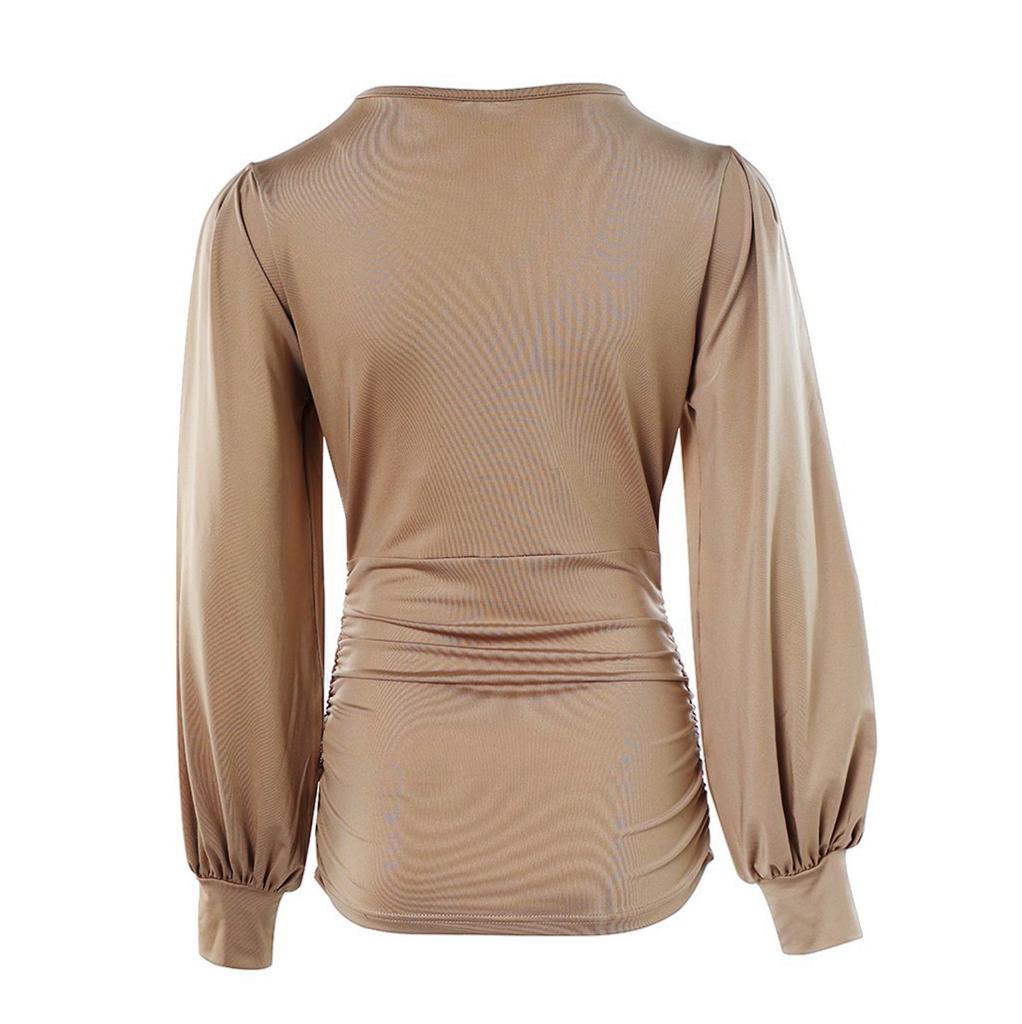 Long Sleeve For Women Fashion V Neck Retro Print Waist Wrapped Top T-shirt