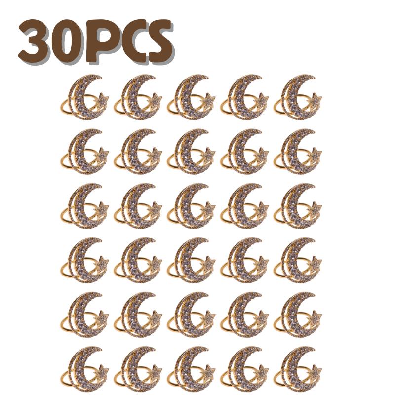 1-30PCS Ramadan Napkin Ring Set Gold Star Moon Design Alloy Crystal Metal Hollow For Holiday Tableware Durable Holder