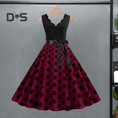 Damen Midikleid mit Blumenrand, V-Ausschnitt, Schnürung, enge Passform, hohe Taille, Schleifendekor, ärmellos, A-Linie, lockerer Saum, Punktemuster, Retro 50er 60er Jahre, Dame, rückenfrei, Abschlussball, Party