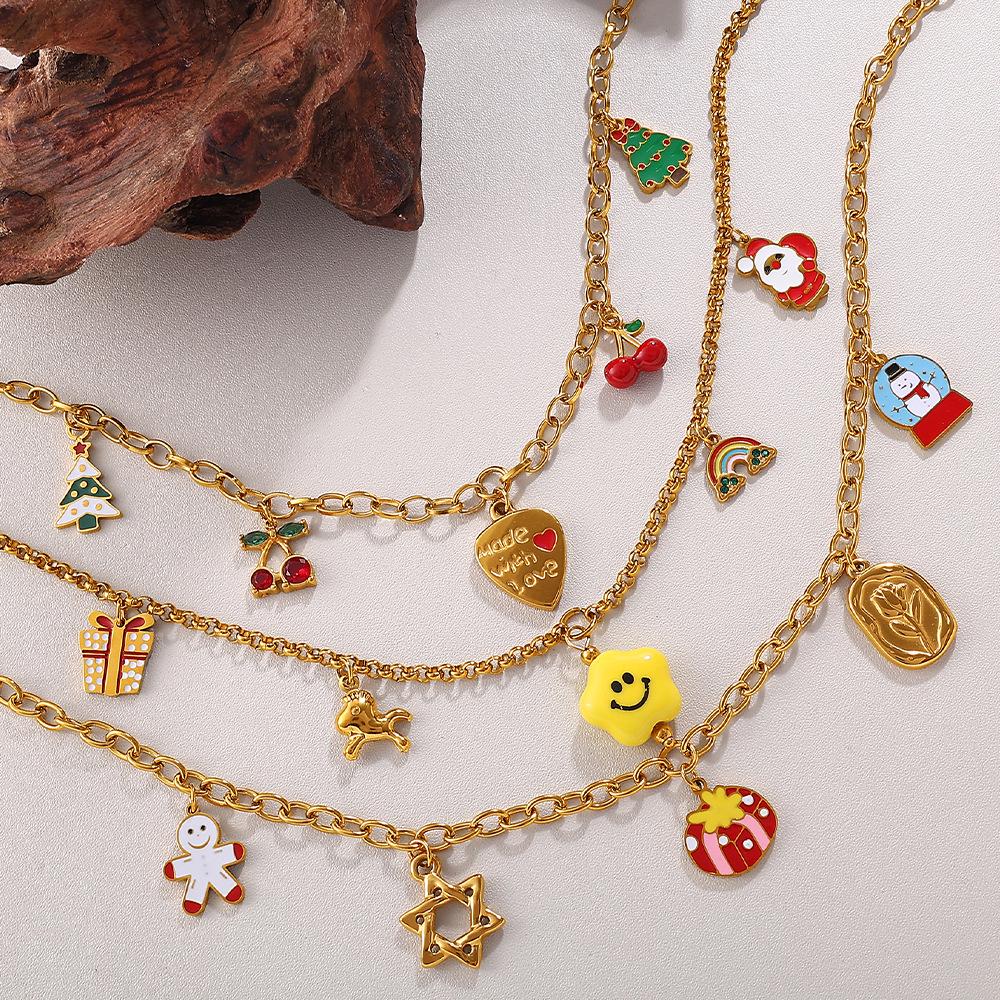 Colar Pingente de Natal DIY Europeu e Americano: Aço Inoxidável Banhado a Ouro 18K, Design de Desenho Animado Fashion para Mulheres.