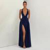 J26DS080 European & American Women's V-neck Tie-up Slit Dress - Spring/Summer Collection