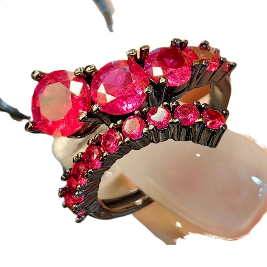 Ring Interactive Row Diamond Imitation Red Corundum Ring Female Creative Black Gold Plated Spinel Blue Stacked Wearing Ring