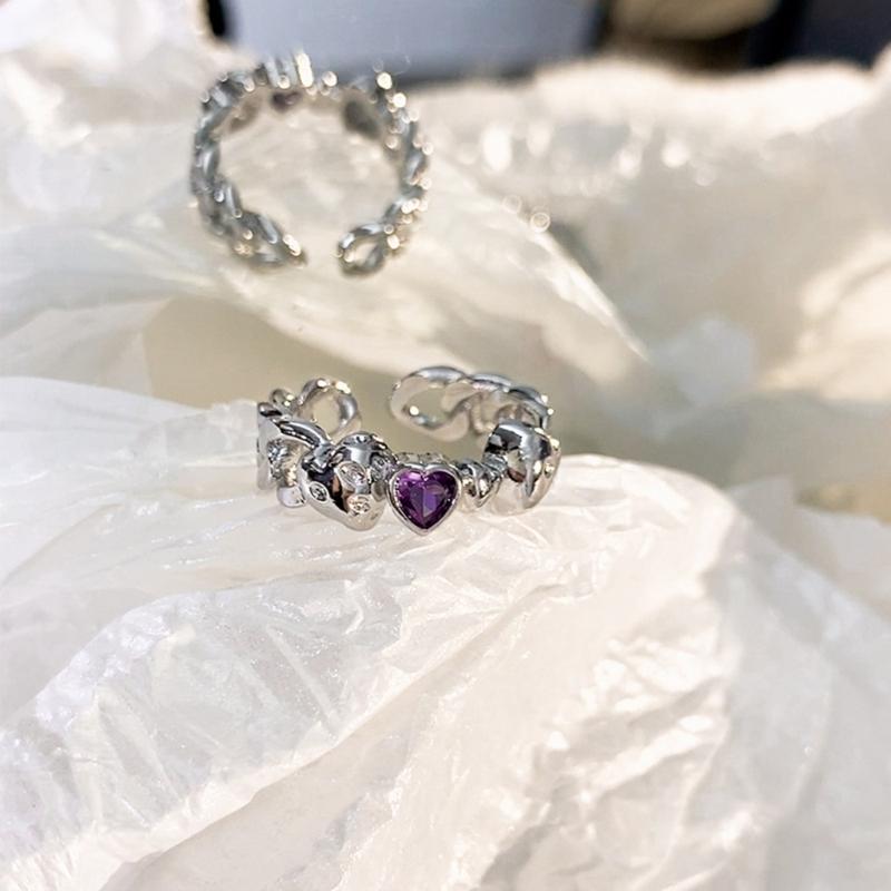 2 Pieces Adjustable Rings Purple Rhinestone Engagement Rings Y2K Rings Aesthetic Jewelry Alloy Material Gift for Women