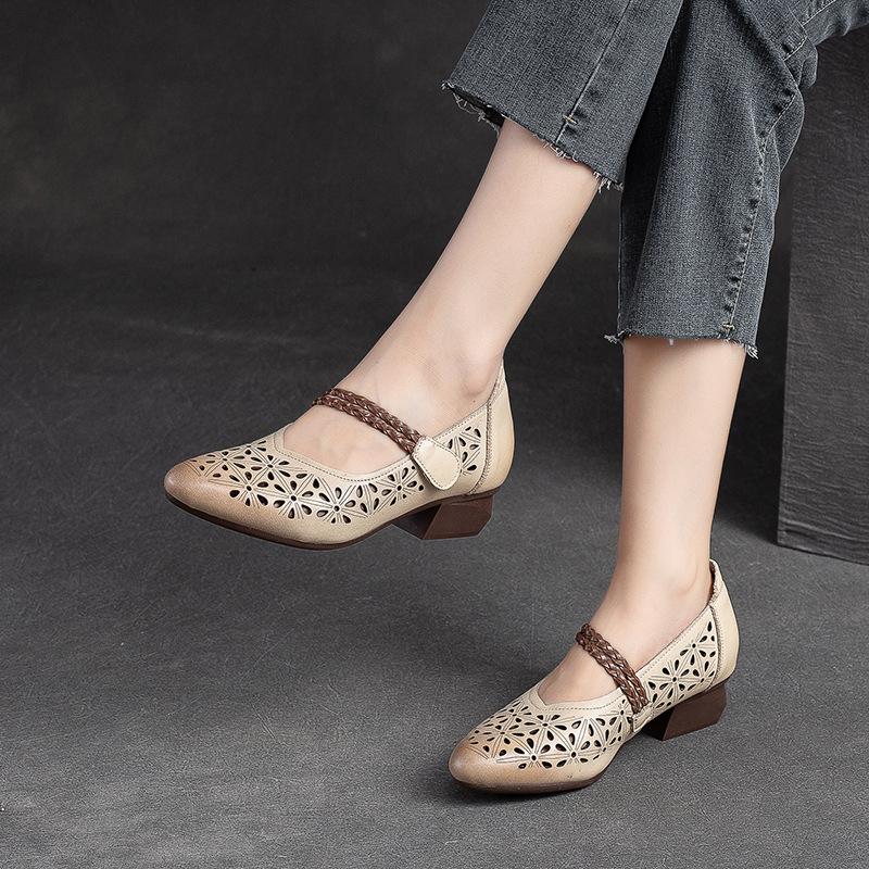 Women's Summer Vintage Hollow Out Sandals - Top Layer Cowhide Hook and Loop Closure Low Heel Shoes, Round Toe Comfortable Casual Shoes