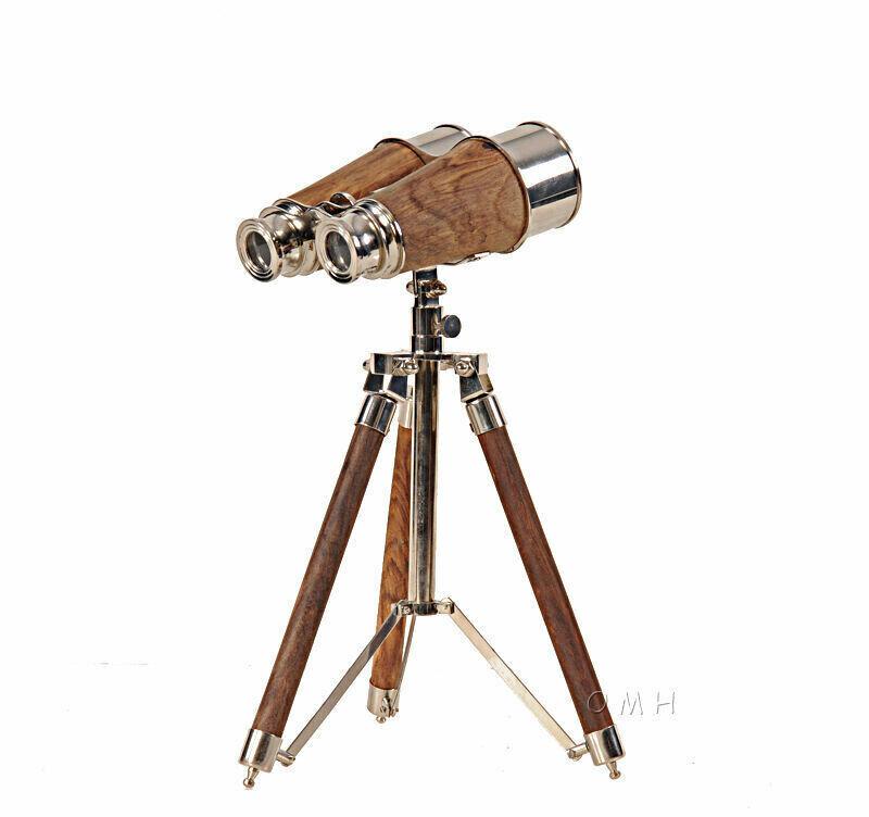 Chrome Brass Binocular Maritime Spyglass Pirate With Wooden Tripod Working State