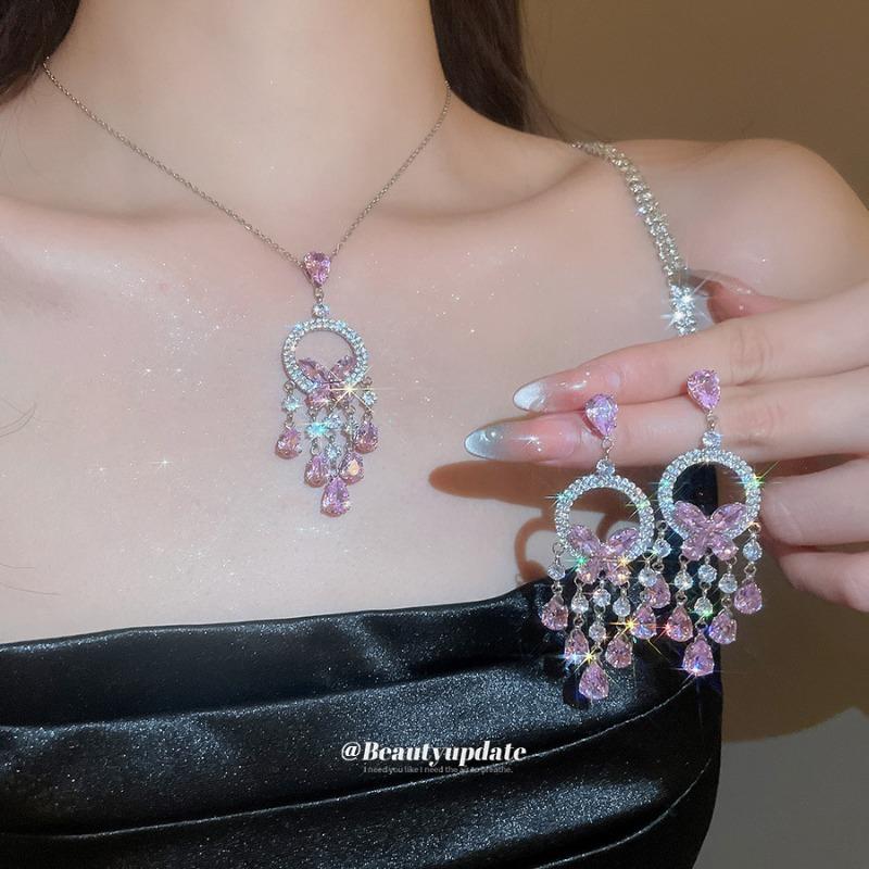 Zircon round butterfly tassel necklace earrings set French elegant light luxury collarbone chain niche high-end jewelry