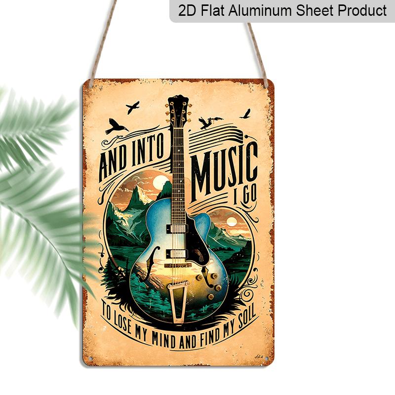 2D Flat 1pc Vintage Guitar & Music Note Metal Wall Art Sign - 12x8 Inch Aluminum Lyric Plaque "Into Music I Go" / "to Lose My Mind & Find My Soul