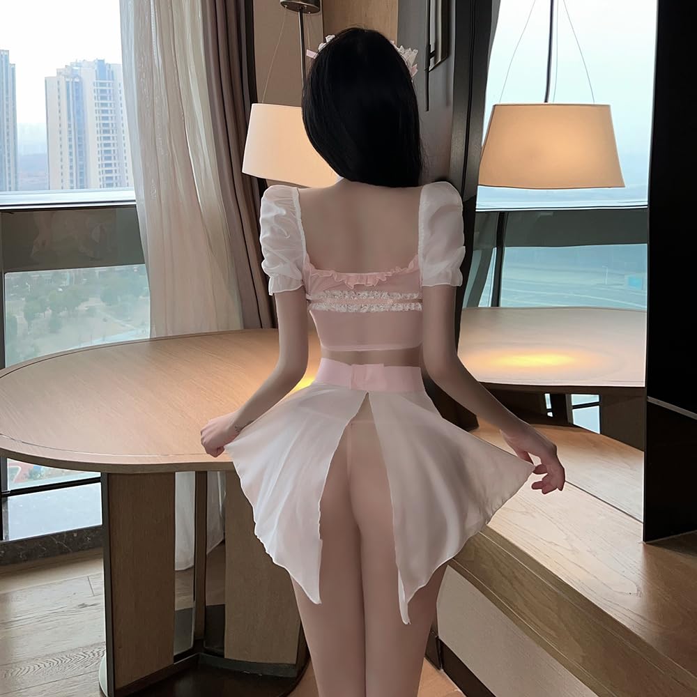 Cosplay Sexy Maid Clothes White White Pink Sheer Extreme Exposed Shoulder Ruffles Sexy Erotic Apron Halloween Costume Cute Ladies Photo Session Event