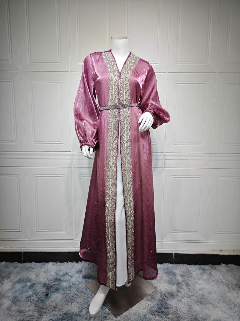 AB453 Puff Sleeve Cardigan: Elegant Long Dress & Robe Set with Hot Drill Accents
