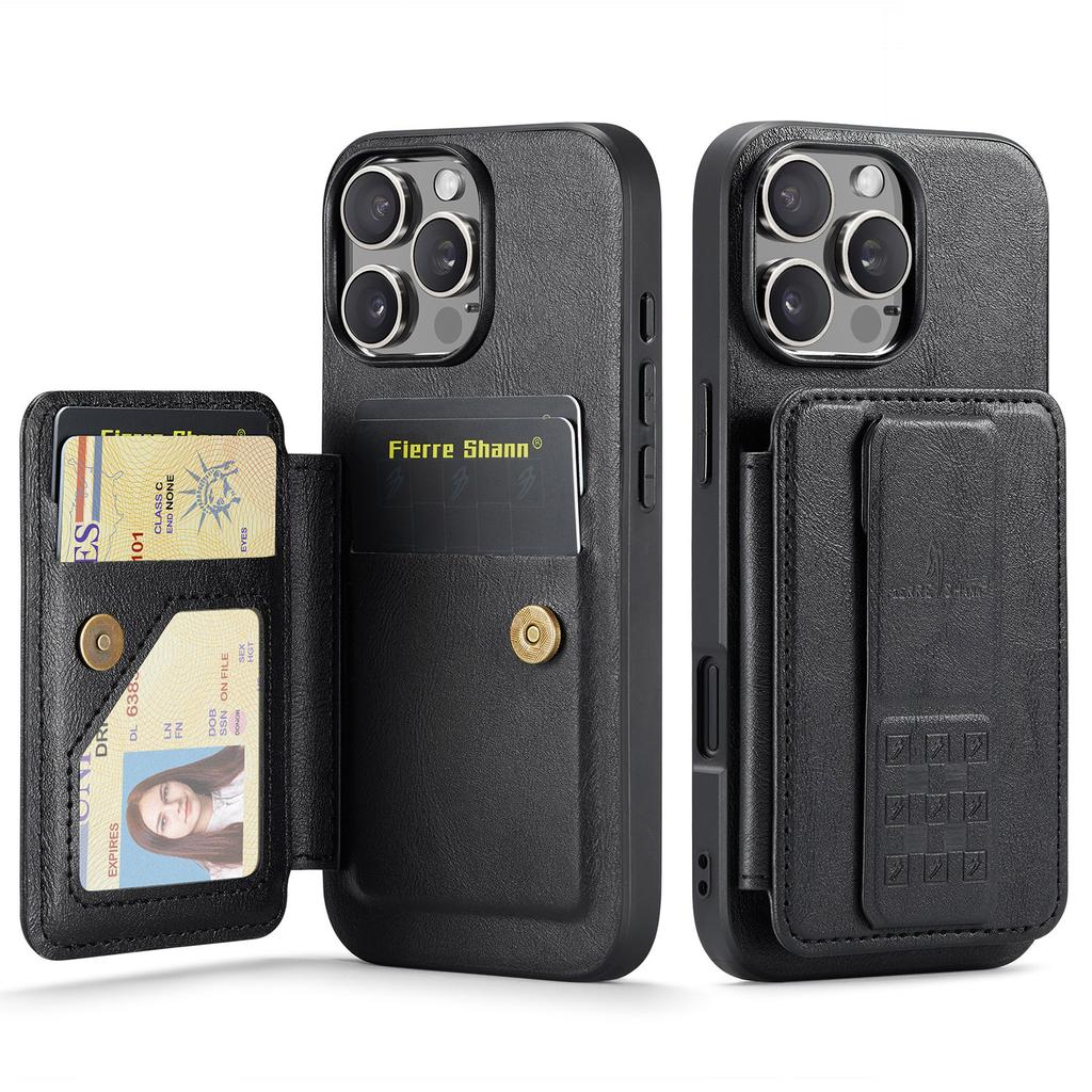 FIERRE SHANN 024 Style For iPhone 16 Pro Case Card Holder Kickstand Waxy Texture Leather+TPU Phone Cover