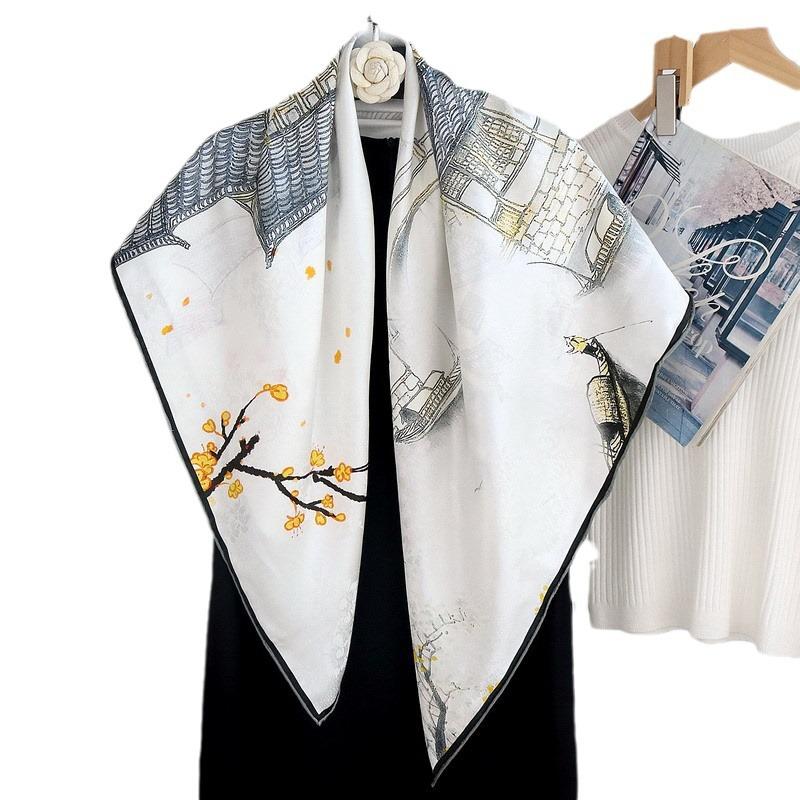 Jiangnan Water Town National Style Double-sided Heterochrome Dill Silk Scarf 110 Large Square Scarf Mulberry Silk Silk Scarf Shawl