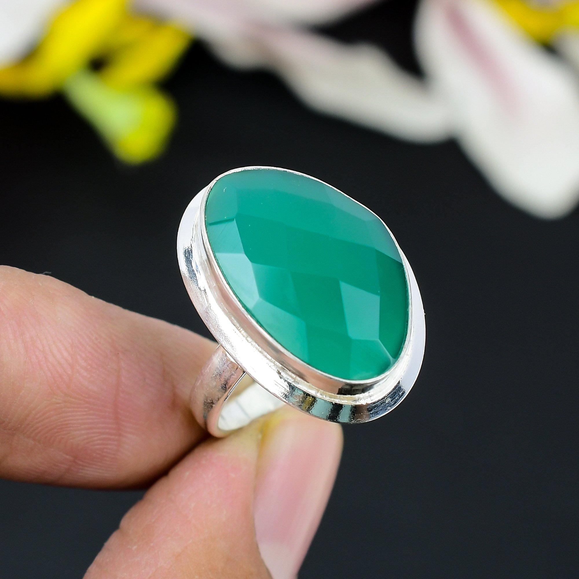 

Green Jade Gemstone Handmade 925 Sterling Silver Jewelry Ring Size 8.5 KG-336
