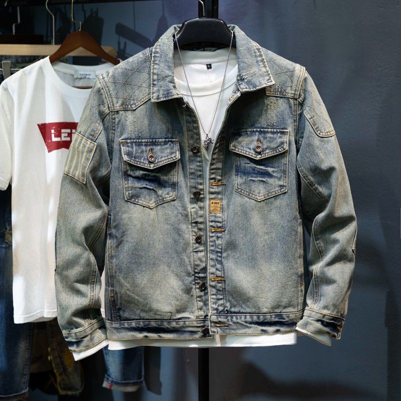 Lapel Motorcycle Denim Jacket Men's Personality Retro Slim Fashion American Casual Denim Top