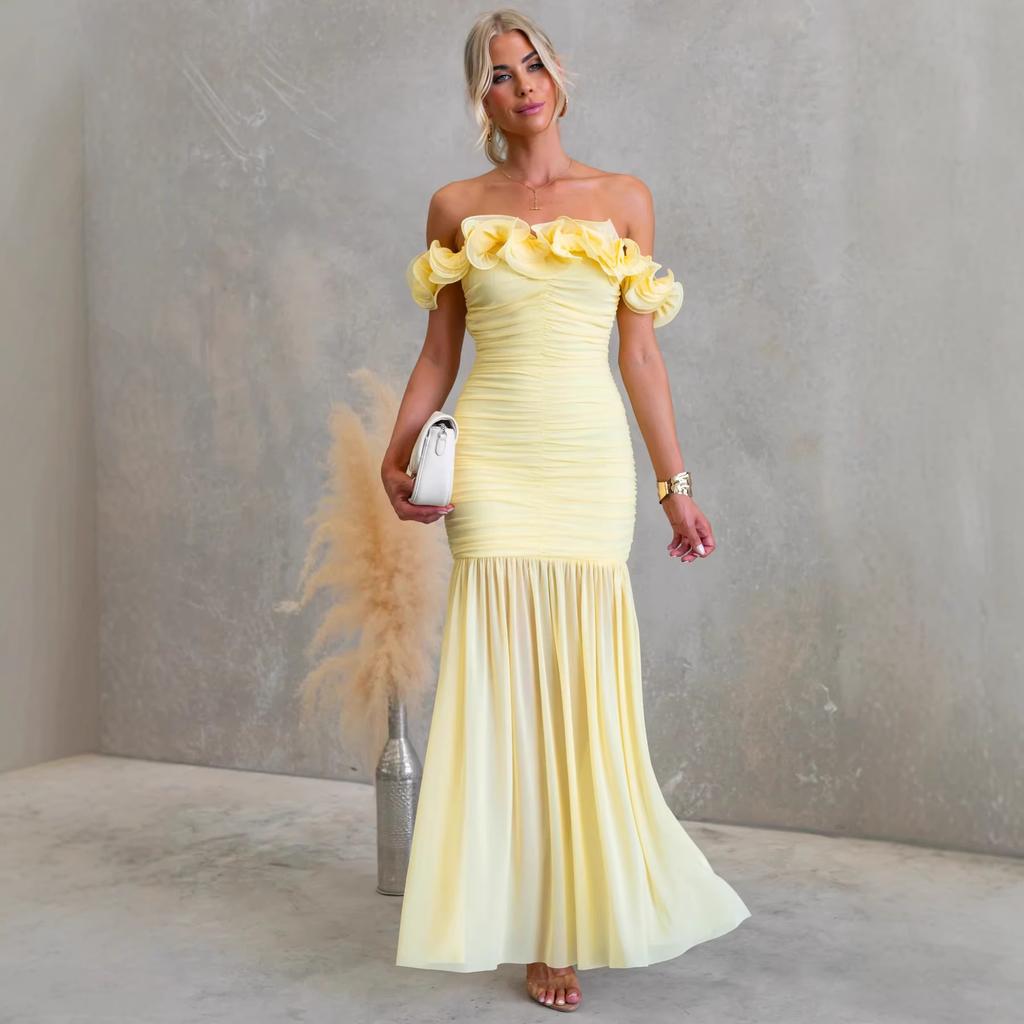Frühling und Sommer in Europa, Amerika, Unifarbene Netzstoff-Passform Sexy Urlaubsstil One-Shoulder-Kleid 120