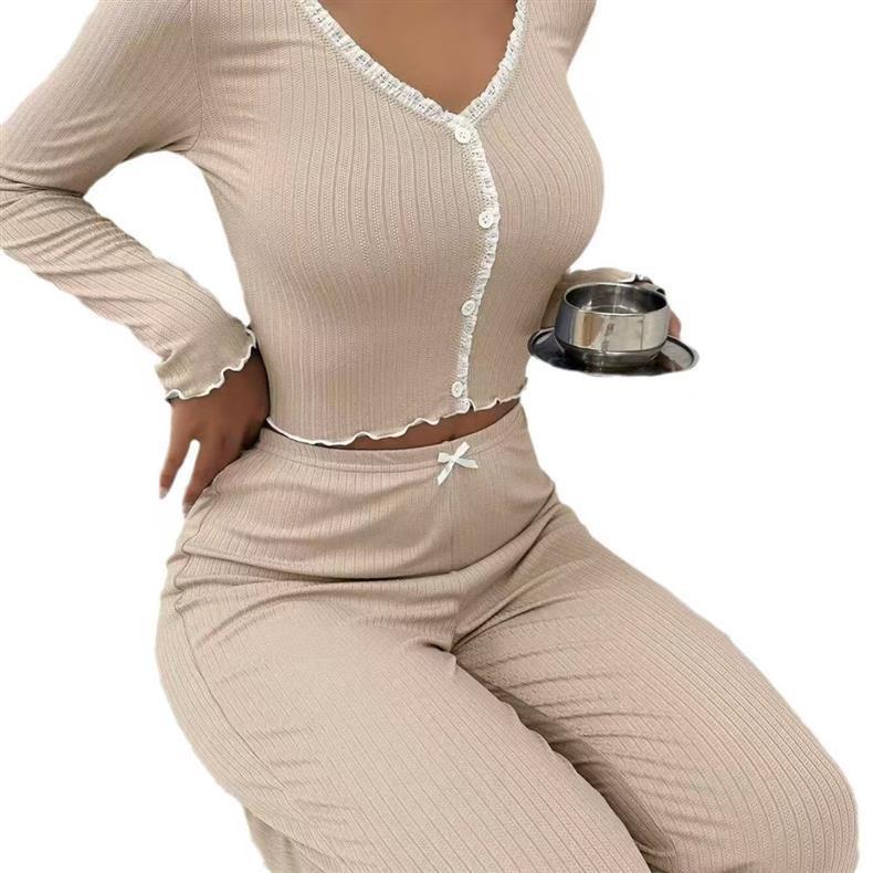 2026 European & American Casual Jacquard Ruffle Trim Slim Fit Homewear Set - Round Neck, Short Sleeve, Shorts, Two-Piece