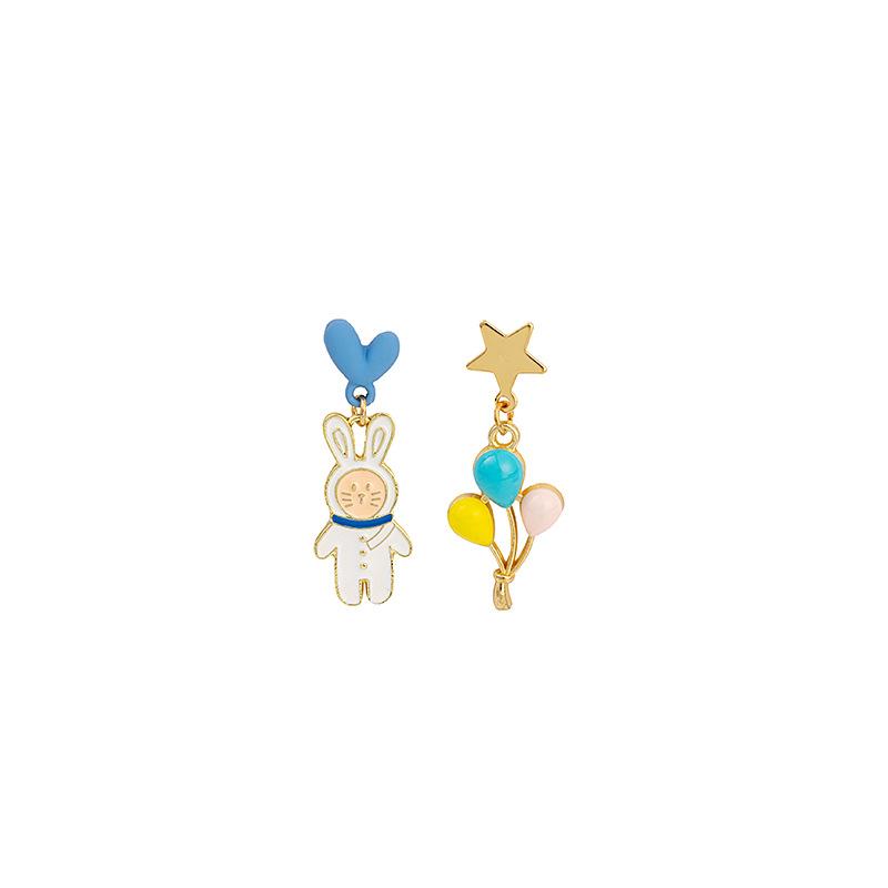Asymmetrical Cartoon Balloon Bear Earrings, Cute Rainbow Rabbit Cat Cake Daisy Angel Stud Earrings