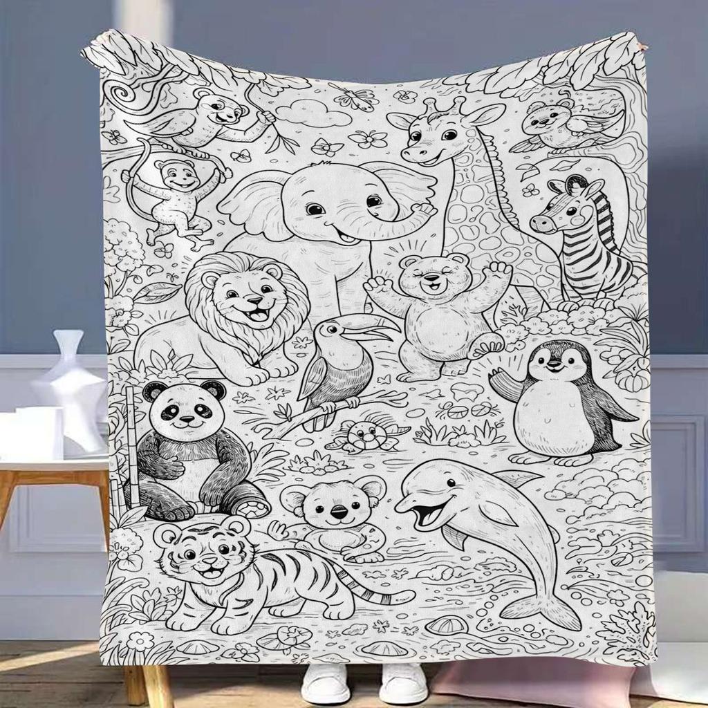 Couverture Animalière Ligne Art Jungle & Océan Style Livre de Coloriage - Jeté Doux Polyvalent Toutes Saisons pour Chambre, Canapé & Linge de Lit