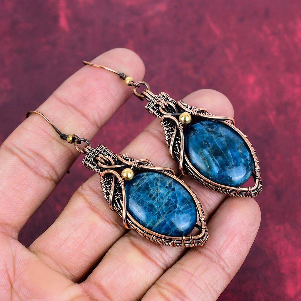 Neon Apatite Earring Copper Wire Wrapped Earring Dangle Earring Wire Wrap Gemstone Jewelry Handmade Earrings Copper Jewelry Gifts For Mother