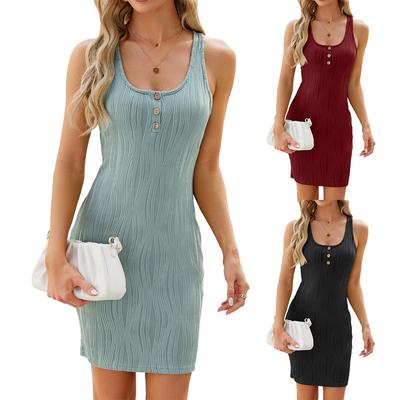 Summer Round Neck Sleeveless Solid Button Hip Dresses