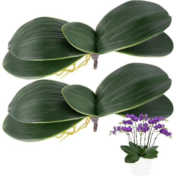 3PCS Artificial Orchids Leaves - Lifelike Fake Phalaenopsis Orchids Leaves with Plant Root, Green Leaf Plants for Flowers Arrangements Pot Shelf