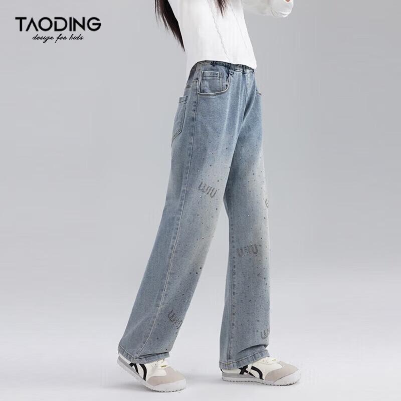 Джинсы прямого кроя для девочек на эластичной талии со стразами 160