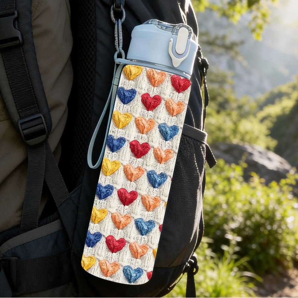1PC Multicolor Heart Knitting Texture Print 750ml Color Plastic Sports Water Bottle Leakproof Flip Straw Lid Suitable for Sports Office Home Use