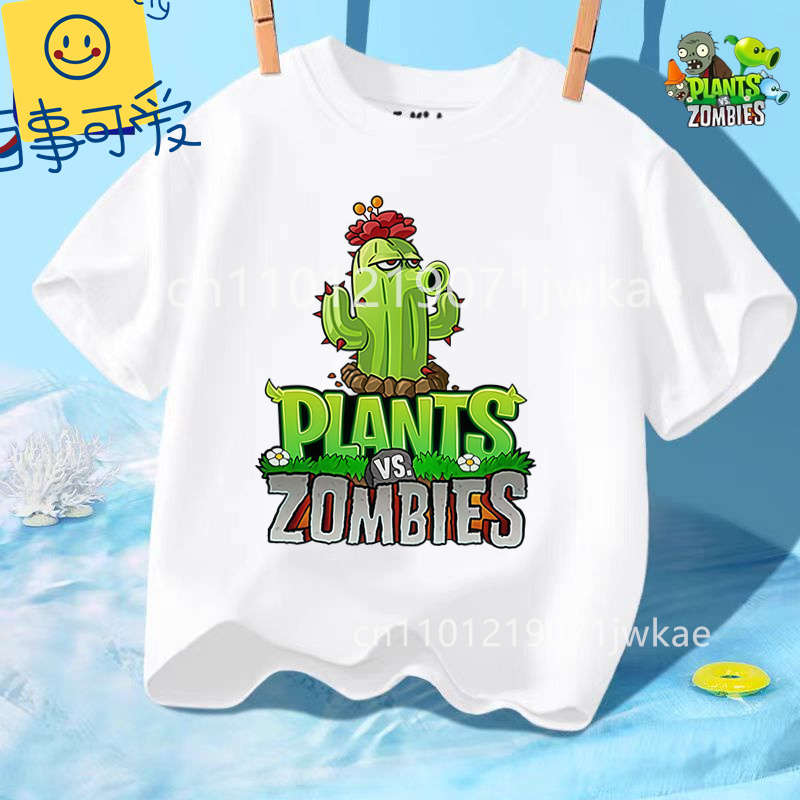 Sommer Rundhals T-Shirt für Jungen Mädchen Lässig Tägliche Kleidung Plants Vs Zombies Niedlich Kawaii Cartoon Mode Street Style 312Y