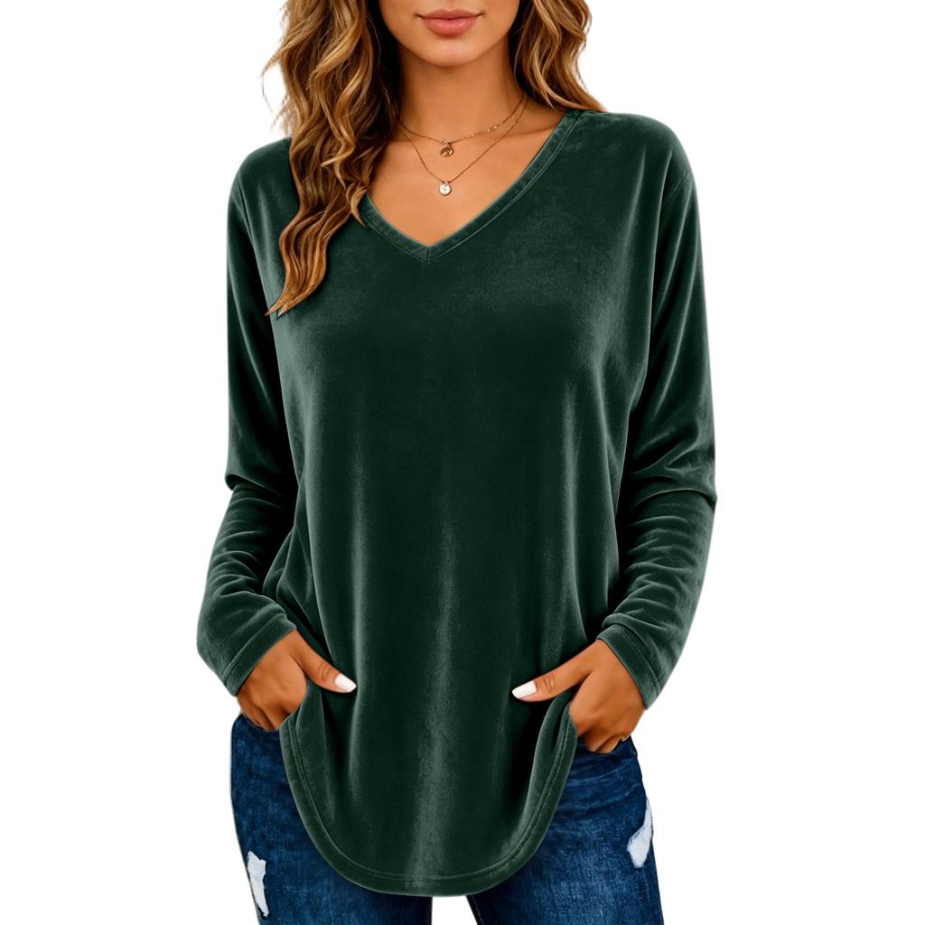 Women's Color V-Neck Long Sleeve Pullover Top for Casual Commuting and Daily Wear
