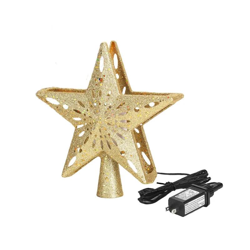 Christmas Tree Topper Decor 3D Glitter Star LED Rotating Snowflake Projector Christmas Tree Ornaments Holiday Party Hanging Lamp