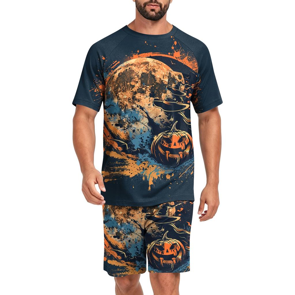 Men's Halloween Casual Pajama Set Short Sleeve Top and Shorts Comfortable Lightweight Sleepwear Set for Home Relaxation