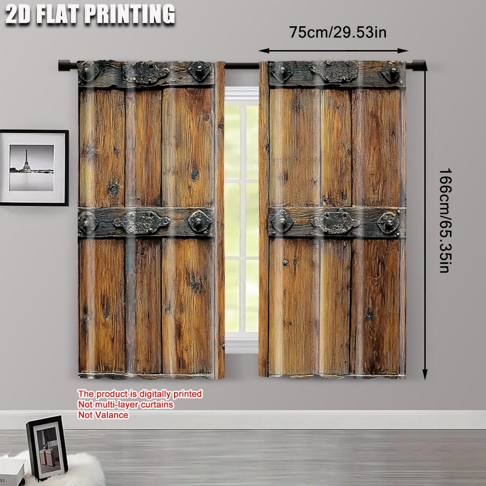 Set Of 2 Vintage Curtain Popular Plane Printing Barn Wooden Door Wood Textured Background Fabric Without Rod With Thermal Polyester