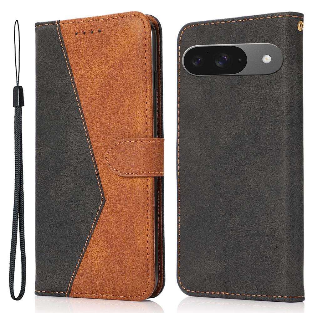 For Google Pixel 9/Pixel 9 Pro Cover Color Splicing Wallet Stand Leather Phone Case with Wrist Strap
