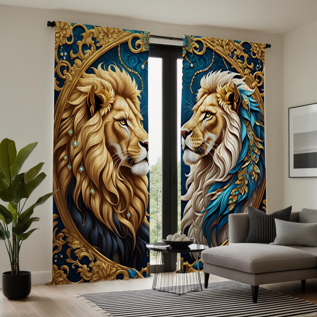 2 Stück HD Europäischer Vintage Löwe Gesicht zu Gesicht dekorativer Vorhang Gelber Bindevorhang digital bedruckt Heimdekorationsstil decora