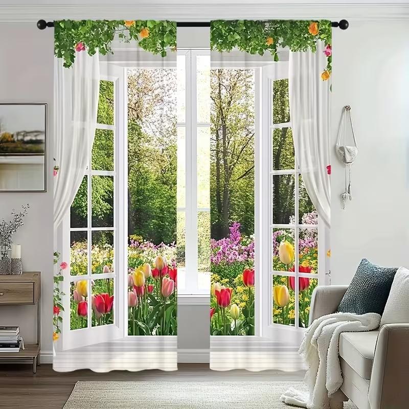 2 Stück Fensterbank Garten Druck Vorhänge geeignet für Schlafzimmer Wohnzimmer Küchendekoration Heimdekoration Fenster Vorhang