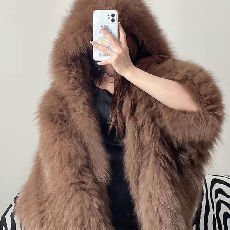 Pelz Damenbekleidung Imitation Fuchs Pelzjacke mit Kapuze Kunstpelz gewebter Pelz Oberteil Herbst- und Winterbekleidung