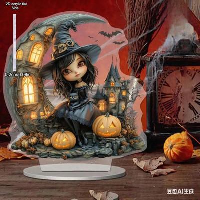 1pcs Halloween Pumpkin House Castle Cartoon Witch and Black Cat Bat Room Decoration - 2D Flat Acrylic Desktop Ornament